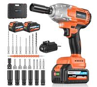 Protmex Cordless Impact Wrench - 665Ft-Ibs (900N.m) 1/2 inch Impact Driver, 21V Power Brushless Impact Gun with 2×4.0Ah Battery 5 Sockets 8 Drill 6 Screws, Impact Wrenches for Wheel Nuts/Car/Tyres