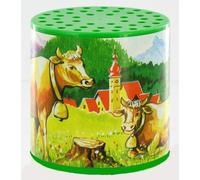 Protocol Traditional moo box or cow box made of plastic with label depicting cows in a meadow for hearing the mooing, the cry, the voice or the lowing of a cow