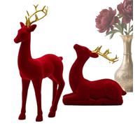 Protoence Christmas Deer Figurines | Flocking Deer Sculpture, Red and Green Standing Sitting Elk Sculpture for Party Workplace Kitchen Nursery Mantel Living Holiday