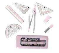 Protractor And Compass Set, 7 Pcs Pink Stationery Set - Maths Compass with 180° Protractor, Rulers and Triangles for Secondary School Students Girls
