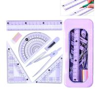 Protractor And Compass Set, Geometry Sets for Secondary School, Maths Kit with Metal Compass, 180° Protractor, Ruler, 2 Triangles, Eraser, Pencil Refills in Purple Carry Case 8Pcs
