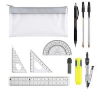 Protractor and Compass Set, Maths Set, 11 pcs Set Secondary School, Exam Pencil Case with Stationery Included Geometry Set with Ruler, Triangle Rulers, Compass and Protractor Set, Pencils and Pens