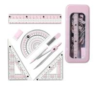 Protractor and Compass Set Pink - Geometry Set for Secondary School, Cute Aesthetic Math Kit, Includes Protractor, Compass, Triangles, Eraser, and More, for Girls, Students, Teachers