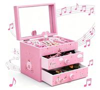 ProttyLife Jewelry Box, Wooden Storage Box with Light, 3 Pull Out Drawers, for Girls Women, Music, CS20005, Square, Antique, 5.6x6.0x5.4 inches