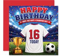 Proud 16th Birthday Card - Score Big on Your Special Day - Bold Football Shirt, Gold Trophy and Stadium Confetti - 145mm Square, Envelope Included