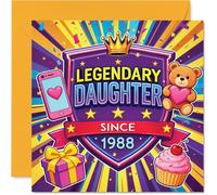 Proud 38th Birthday Card - Legendary Daughter Vibes - Crown, Teddy Bear & Cupcakes in a Playful, Vibrant Mix - 145mm Square, Envelope Included