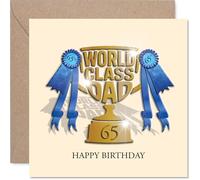 Proud 65th Birthday Card - Champion Dad Vibes - Trophy and Blue Ribbons Design in Gold - Makes His 65th a Winning Celebration - 145mm Square, Envelope Included