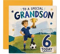 Proud 6th Birthday Card for Grandson, Hat-trick Hero Turns Six | Football-mad Boy Lifting a Trophy on the Pitch, Celebrate a Champion's Big Win, 145mm Square, Envelope Included