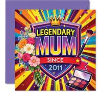 Proud Birthday Card - Celebrating an Epic Mum - Vibrant Floral Crown with Makeup Touches - Bold 'legendary Mum Since 2011' Design, Mother's Day - 145mm Square, Envelope Included