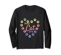 Proud Cat Lady Heart Paw Prints Pastel Rainbow Aesthetic Long Sleeve T-Shirt
