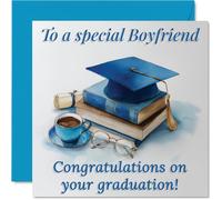 Proud Congratulations Card for Boyfriend - Cheers to Your Big Moment - Graduation Cap, Books and Coffee Cup Design - 145mm Square, Envelope Included