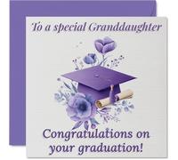 Proud Congratulations Card for Granddaughter - Bursting with Pride - Purple Graduation Cap and Delicate Florals Design - 145mm Square, Envelope Included