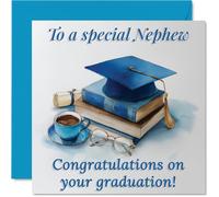 Proud Congratulations Card for Nephew - Top Marks and Tassels - Graduation Cap with Books, Coffee and Glasses Motif - 145mm Square, Envelope Included