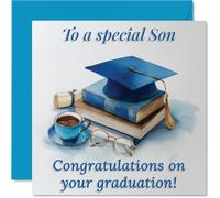 Proud Congratulations Card for Son - Celebrating Your Big Achievement - Graduation Cap and Books Design with Coffee and Glasses - 145mm Square, Envelope Included