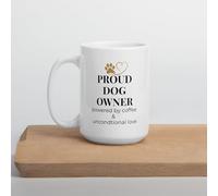 Proud Dog Owner Coffee Mug, White Ceramic, Powered by Coffee and Unconditional Love, Paw Print Heart Design White Gold Funny Gift Present for Dog Pet Lovers Tea Coffe Cup 11oz (15oz)
