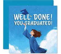 Proud Graduation Card - Bursting with Pride - Joyful Graduate Launching Cap in the Air Against a Blue Sky - 145mm Square, Envelope Included