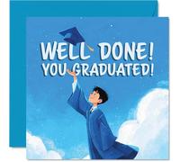 Proud Graduation Card - Caps in the Air - Joyful Graduate Illustration on a Blue Sky - Celebrate Their Big Achievement with Style - 145mm Square, Envelope Included