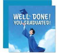 Proud Graduation Card - Hats off to You - Joyful Grad Flinging Cap Sky-high on Brilliant Blue - Perfect Way to Mark a Smashing Achievement - 145mm Square, Envelope Included