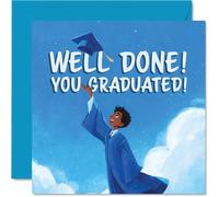 Proud Graduation Card - Hats off to Your Achievement - Joyful Graduate Celebrating under a Bright Blue Sky - 145mm Square, Envelope Included