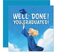 Proud Graduation Card - Hats off to Your Achievement - Joyful Graduate Tossing Cap Against a Blue Sky - 145mm Square, Envelope Included