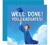 Proud Graduation Card - Hats off to Your Achievement - Joyful Graduate Tossing Cap Against Blue Sky - Perfect for Celebrating Their Big Moment - 145mm Square, Envelope Included