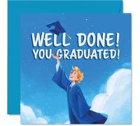 Proud Graduation Card - Hats off to Your Big Achievement - Joyful Graduate Tossing Cap Against a Vibrant Blue Sky - 145mm Square, Envelope Included