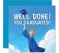 Proud Graduation Card - Time to Toss That Cap - Cheery Graduate Launching Their Mortarboard Sky-high on a Brilliant Blue Background - 145mm Square, Envelope Included