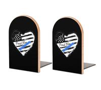 Proud Police Mom U.S. Flag 1 Pair Wooden Book Ends for Shelves Stylish Decorative Bookends Stationery for Office Home Library