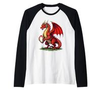 Proud Red Dragon Holding A Rugby Ball Raglan Baseball Tee