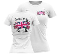 Proud to be British Womens T Shirt - Floral Union Jack Front Back Print Ladies Tee - Patriotic Top for Her - England Pride Heritage Gift, s, White