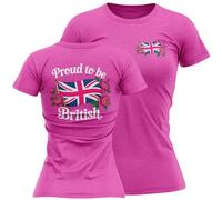 Proud to be British Womens T Shirt - Floral Union Jack Front Back Print Ladies Tee - Patriotic Top for Her - England Pride Heritage Gift, l, Bright Pink