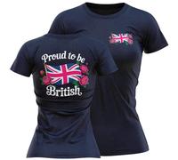 Proud to be British Womens T Shirt - Floral Union Jack Front Back Print Ladies Tee - Patriotic Top for Her - England Pride Heritage Gift, XL, Navy