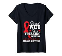 Proud Wife of a Freaking Awesome Stroke Survivor Red Ribbon V-Neck T-Shirt