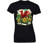 Proudly Welsh St Davids Day Ladies T-Shirt Welsh Daffodil Dragon Fusion Patriotic Wales Festival Fancy Dress Costume Womens Gift Tshirt Black - Large