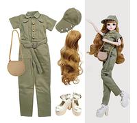 Proudoll 1/3 BJD Doll Clothes Outfit Set - Handcrafted Stylish Army Green Jumpsuit, Cap, Wig, Leather Bag and High Heel, Compatible with 1/3 60cm 24in SD Dolls