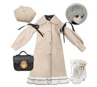 Proudoll 1/3 BJD Doll Clothes Outfit Set - Handcrafted Stylish Beige Coat, Beret, Dress, Wig, Leather Bag and Boots, Compatible with 1/3 60cm 24in SD Dolls