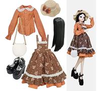 Proudoll 1/3 BJD Doll Clothes Outfit Set - Handcrafted Stylish Brown Floral Strap Dress, Blouse, Hat, Wig, Crossbody Bag and High Heel, Compatible with 1/3 60cm 24in SD Dolls