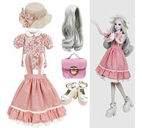 Proudoll 1/3 BJD Doll Clothes Outfit Set - Handcrafted Stylish Floral Blouse, Pink Strap Dress, Wig, Handbag and High Heel, Compatible with 1/3 60cm 24in SD Dolls