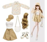 Proudoll 1/3 BJD Doll Clothes Outfit Set - Handcrafted Stylish Floral Blouse, Tank, Short, Cap, Wig, Cross-body Bag, and High Heel, Compatible with 1/3 60cm 24in SD Dolls