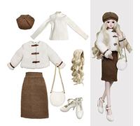 Proudoll 1/3 BJD Doll Clothes Outfit Set - Handcrafted Stylish Fuzzy Bear Jacket, Beret, Dress, Long-Sleeve Shirt, Wig, Leather Bag & High Heels, Compatible with 1/3 60cm 24in SD Dolls