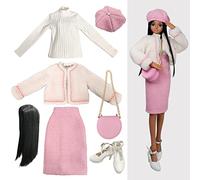 Proudoll 1/3 BJD Doll Clothes Outfit Set - Handcrafted Stylish Fuzzy Bear Jacket, Beret, Pink Dress, Long-Sleeve Shirt, Wig, Leather Bag & High Heels, Compatible with 1/3 60cm 24in SD Dolls