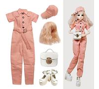 Proudoll 1/3 BJD Doll Clothes Outfit Set - Handcrafted Stylish Orange Pink Jumpsuit, Cap, Wig, Leather Bag and High Heel, Compatible with 1/3 60cm 24in SD Dolls