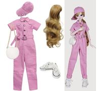 Proudoll 1/3 BJD Doll Clothes Outfit Set - Handcrafted Stylish Pink Jumpsuit, Cap, Wig, Leather Bag and White Canvas , Compatible with 1/3 60cm 24in SD Dolls