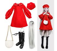 Proudoll 1/3 BJD Doll Clothes Outfit Set - Handcrafted Stylish Red Dress, Beret, Wig, Leather Bag & Boots, Compatible with 1/3 60cm 24in SD Dolls