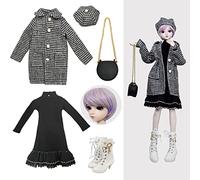 Proudoll 1/3 BJD Doll Outfit Set - Handcrafted Stylish Black & White Plaid Coat, Beret, Dress, Purple Wig, Leather Bag & Boots, Compatible with 1/3 60cm 24in SD Dolls