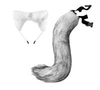 Proumhang Tail and Ears Set,Long Fox Tail Cosplay Faux Fur Furry,Halloween Fox Cat Wolf Tail Kit with Ears,Adjustable Furry Tail Costume For Kids & Adult Light Grey