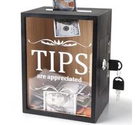 Prounion Wooden Tips Jar Tip Collection Box with Lock 6 x 4¾ x 7¾ Inch Money Coin Storage Container Donation Collection Suggestion Raffle Cash Box Jar for Restaurants Musicians Bartender Bars Driver