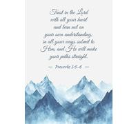 Proverbs 3:5-6 Bible Verse Wall Art with Mountain Background, Inspirational Christian Scripture Print, Blue Watercolour. Size A4