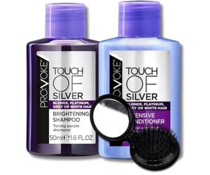 Provoke Touch Of Silver Hair Care Bundle - Brightening Shampoo 50ml, Intensive Conditioner 50ml, BVO Luxe Folding Hairbrush - Purple travel shampoo and conditioner for blonde, silver and grey hair