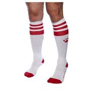 Prowler RED Football Socks White/Red - Knee High Pride Socks for Men | Sporty Fetish Inspired Crew Socks with Stripes Paw Print Logo